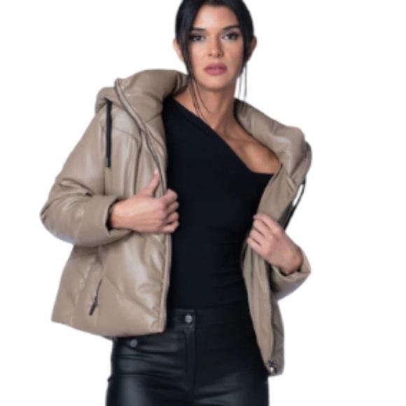 Daniela Cortez Eco Leather Puffer Jacket with Hood in Cognac - Picture 5 of 14